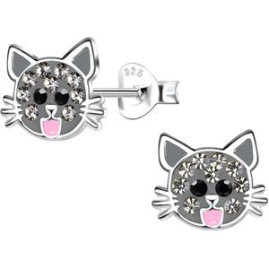 Joy|S - Zilveren kat poes oorbellen - 9 x 8 mm - grijs met grijs kristal en een roze tongetje - kinderoorbellen