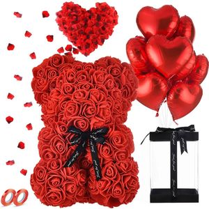 Rode Rozen Beer in Luxe Geschenkdoos met 8 Stuks Liefdes Ballonnen & 1000 Rozenblaadjes - I Love You Cadeautje