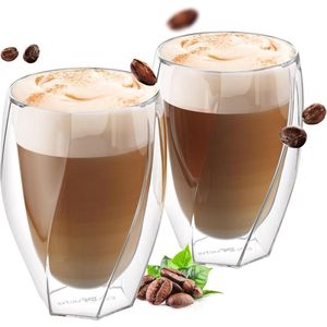 Latte macchiato glazen dubbelwandig Curved 330 ml set van 2 - thermoglazen - cappuccino kopjes glas - kristalheldere theeglazen - koffieglazen Cappuchino glazen