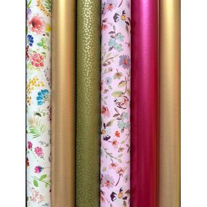 Inpakpapier Roze Groen Goud Verjaardag 6 Luxe Rollen- Breedte 70 cm - 2m lang