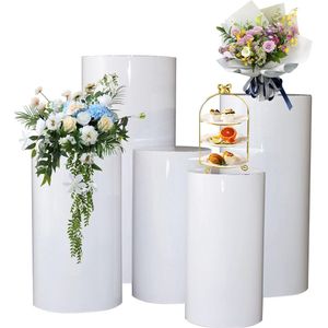 Loha party®Bijzettafel Rond Set-Ronde Cilinder Stand Voetstuk Display-Ronde Decor Cilinder Plint Bruiloft-Props Metaal Witte Cilinder Voetstuk Display-Cilindrische Dessert Tafel-Feestdecoraties-Bruiloft-5 stuks