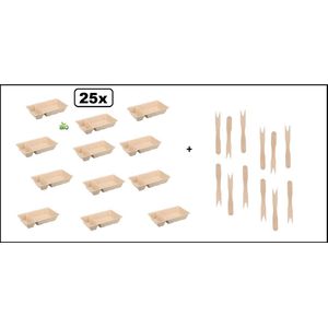 25x Bio Frietbakje A7 met sausvak + 25x Houten snackvork - Festival verjaardag food patatje friet patat frites saus friet