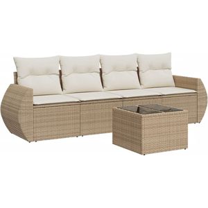 vidaXL - 5-delige - Loungeset - met - kussens - poly - rattan - beige