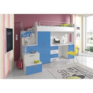 Raj 4S jeugdset - wit/blauw glans - bureau - kledingkast - Stapelbed - bed 80 x 200 cm -Maxi Maja