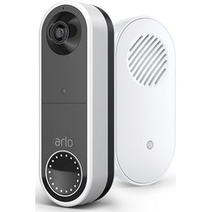 Arlo Essential draadloze video deurbel met camera & gong (chime), directe mobiele oproep, 1080p HD, 180˚ nachtzicht, sirene, bewegingsdetectie, 2-weg-audio, incl. proefp. Arlo Secure, deurbelset (deurbel & chime), wit