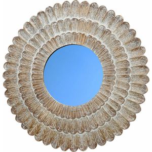 Luxe Spiegel zon / zonnebloem mangohout white wash rond 90cm, mooie Maya style tuinspiegel binnen en buitenspiegel onder overkapping | oorspronkelijk €199.95 op=op