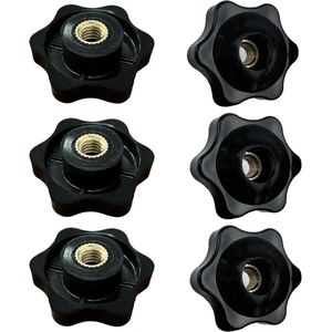 Gekartelde knop zwarte schroef-op type sterknop M6 - 6 stuks