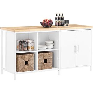 Keukeneiland Opbergkast - Eetbuffet - Displaystandaard - MDF - Metalen frame - Rubberhouten tafelblad - 170 cm x 89 cm x 60 cm
