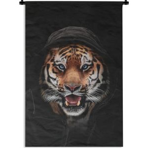 Wandkleed TijgerKerst illustraties - Een tijger met een capuchon op tegen een zwarte achtergrond Wandkleed katoen 60x90 cm - Wandtapijt met foto