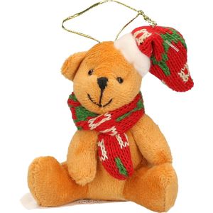 Kersthangers knuffelbeertjes beige met rode sjaal en muts 7 cm