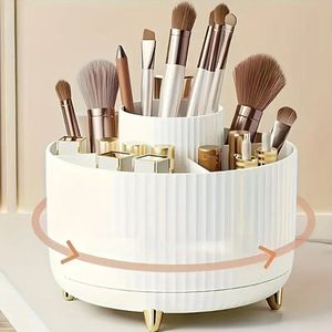 Make Up Organizer - Wit - Goude pootjes - Make Up Opbergen - Draaibaar - Kunststof - Skincare organizer - Brush organizer - Badkamer organizer - Kantoor organizer - Pennenhouder - Badkamer - Kantoor - Wit met goud - Multifunctioneel