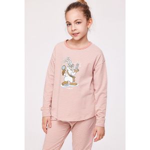 Woody pyjama meisjes/dames - roze-gebroken wit- gestreept - haas - 232-10-PZG-Z/919 - maat 140