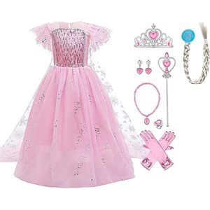 Prinsessenjurk meisje - Elsa jurk - Het Betere Merk - Prinsessen speelgoed - Roze jurk - Carnavalskleding kinderen - Prinsessen verkleedkleding - 146/152(150) - Juwelenset - Lange handschoenen - kroon - Tiara - Toverstaf - Haarvlecht - Kleed