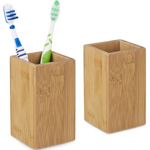 Relaxdays 2x tandenborstelhouder bamboe - tandpastahouder - natuurlijk design - hout