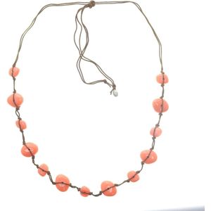 Behave Dames ketting bruin met oranje roze kralen 100 cm - verstelbaar