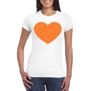 Bellatio Decorations Verkleed shirt voor dames - hart - wit - oranje glitter - carnaval themafeest