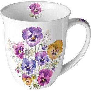 mok - beker met oor - Ambiente - porselein - Pansies - violen- moederdag - fine bone china