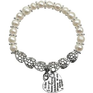 Zoetwater parel armband Pearl Hearts - echte parels - wit - zilver - hartjes - elastisch - sieraden zakje - cadeau voor haar - kerst cadeau - Moederdag cadeau