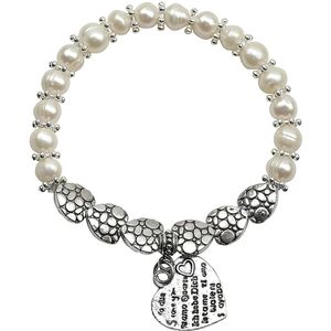 Zoetwater parel armband Pearl Hearts - echte parels - wit - zilver - hartjes - elastisch