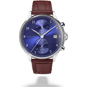 QUIST - Chronograph herenhorloge - zilver - blauwe wijzerplaat - bruine croco lederen horlogeband - 41mm