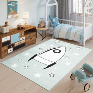 Tapiso Baby Vloerkleed Blauw Wit Heelal Modern Kinderkamer Tapijt Maat- 140x200