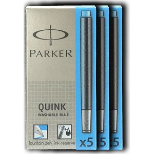 Parker Inktpatronen - Penvulling -wasbare blauwe inktcartridge, Koningsblauw - 3 x 5 pakketten (15 stuks)