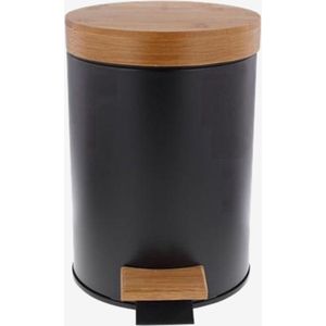Prullenbak met bamboe deksel – Zwart / hout – Klein formaat - 3L - badkamer / wc / keuken / kantoor / horeca prullenbak