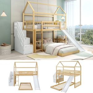 Learnlogic etagebed met trap met handvat en rechte ladder, trap met opbergruimte, huisbed met glijbaan, kinderbed met valbescherming en hek, frame van hout, natuur + wit (90x200cm)