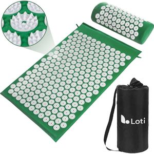 Loti Spijkermat met Spijkerkussen – Donkergroen/Wit – Acupressuur Mat - Spijkerbed - Acupunctuur Kussen - Shakti Massage – Incl. Draagtas