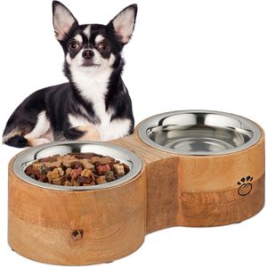 Relaxdays dubbele hondenvoerbak met standaard - eet- en drinkbak - rvs & hout - 400 ml