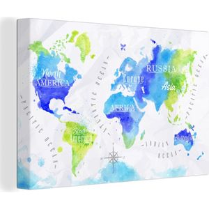 Canvas Wereldkaart - 90x60 - Wanddecoratie Wereldkaart - Waterverf - Groen - Blauw