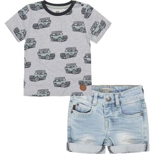 Koko Noko - Kledingset - Jongens - 2delig - Broek Short Blue Jeans - Shirt Grijs met landrovers - Maat 86