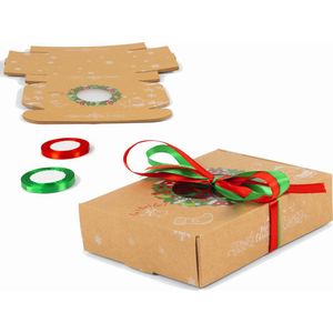 12 Stuks - Gebak Doosjes - Met Rood En Groen Lint - Kerst Koekjes Dozen -  Kerstkoekjes Geschenkdozen - Gebak Kerstcadeau Doosjes -  Kraft Papier Voedsel Dozen - Bedrukte Dozen Met Doorzichtig Venster - Herbruikbaar