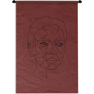 Wandkleed Line-art Vrouwengezicht - 16 - Line-art illustratie voorkant vrouwengezicht op een rode achtergrond Wandkleed katoen 60x90 cm - Wandtapijt met foto