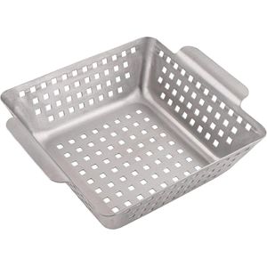 Grillmand van roestvrij staal, 21 x 21 x 7 cm, grill-wok, grill-pan, grill-rooster, groenteschaal, aardappelmand