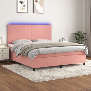 vidaXL Boxspring met matras en LED - Fluweel Roze 160x200 cm Boxspring Bed - Fluweel Bed - Rozerood Bed - Tweepersoons Bed - Slaapcomfort