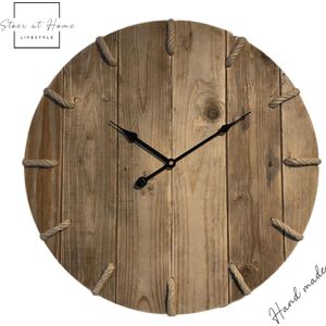 Wandklok - 50 cm - handgemaakt - handmade - streep - hout - stil uurwerk - landelijk - touw
