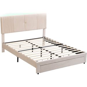 Merax Gestoffeerd bed 160 x 200 cm - Tweepersoonsbed met LED Lichtstrip en USB-poorten - Rugleuning en Grote Lade - Huidvriendelijk Fluweelstof - Beige