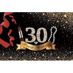 Verjaardag - Versiering - Wanddoek - Banner van Polyester - 150cm (Breed) x 100cm (Hoog) - Vrouw - 30 jaar - Parels - Lippenstift - Make-up