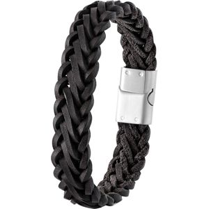 Lucardi Heren Armband gevlochten leer donker blauw - Leer - Armband - Moederdag Cadeautje - 22 cm - Zilverkleurig