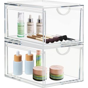 Stapelbare Cosmetische Ppberglades Doorzichtige Acryl Make-up Opberger - Plastic Opbergbakken - 2-Pack - Ijdelheidscontainer Badkamer - Aanrecht Slaapkamer Dressoir Keukenkasten