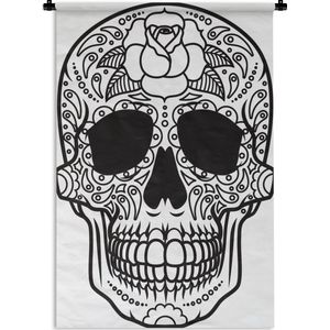 Wandkleed Schedel illustratie 2 - Een zwart-witte illustratie van een Dias De Los Muertos schedel Wandkleed katoen 60x90 cm - Wandtapijt met foto