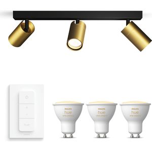 Philips Idris Opbouwspots Badkamer - Plafondspots Incl. Philips Hue White Ambiance GU10 & Dimmer Switch - Badkamerlamp Plafond - 3 Spots - Goud/Zwart