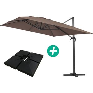 Parasol vrijhangend tuin zweefparasol Aluminium ""Sun 4"" - Rechthoekig - 3 x 4 m - Taupe - grijs bruin - Inclusief parasolvoet tegel / parasoltegels
