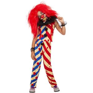 Smiffy's - Monster & Griezel Kostuum - Gestreepte Enge Clown - Meisje - Blauw, Rood, Wit / Beige - Large - Halloween - Verkleedkleding