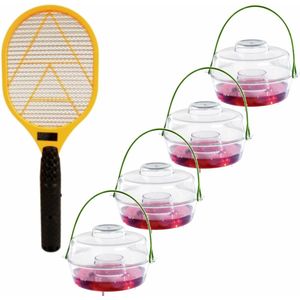 Wespen bestrijding set van 4x wespenvallen van 13 cm en een vliegenmepper/wespenkiller