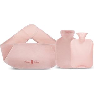 Warmwaterkruik 1,2 liter, warmwaterkruik met deksel, warmwaterkruikriem 3 in 1 voor kinderen, volwassenen, ouderen, vrouwen, rubberen warmwaterkruik voor pijnverlichting voor nek-schouder-rug-taille-pijn (roze)