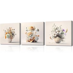 Driedimensionale bloemen moderne afbeeldingen - Set van 3 kunstdrukken op canvas - Wanddecoratie voor woondecoratie en yoga-ruimte - 30 x 30 cm