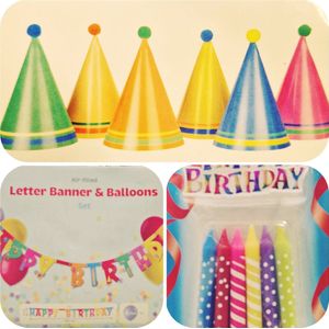 Feestpakket Happy birthday - slinger - versiering - decoratie - gekleurde - feest - verjaardag - 8 ballonnen - 12 verjaardagskaarsjes - 6 feesthoedjes - Happy Birthday Slinger Verjaardag Versiering Ballonnen Feest Versiering