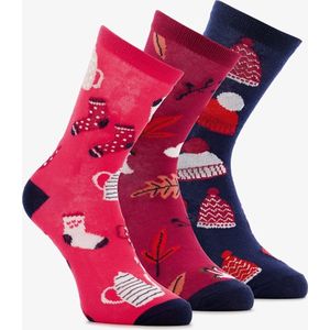 3 paar dames sokken met winter print - Roze - Maat 35/38